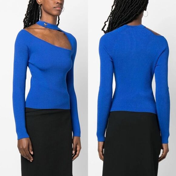 NWT Jonathan Simkhai Lysette Mock Neck Cutout Ribbed Knit Top in Cobalt size L - Picture 1 of 15